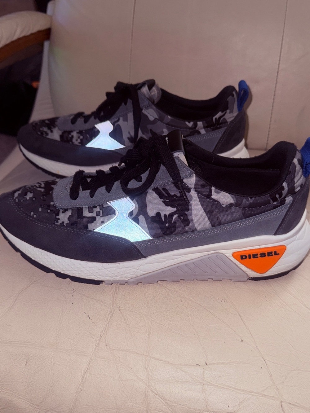 Diesel Men’s Gray Camo Sneakers with Orange Heel Logo and Blue Pull Tab